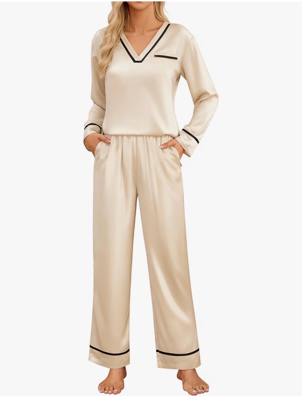 Blooming Jelly Silk-Feel Cream Long Sleeve Pajama Set with Black Trim NWT